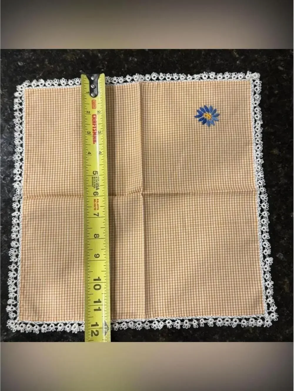 Vintage Orange Gingham Cloth Napkins with Hand-Embroidered Blue Daisy